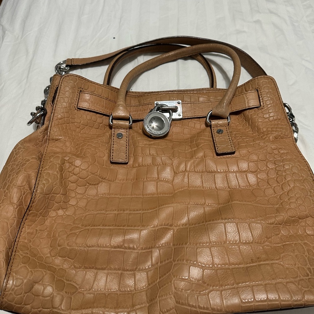 Embossed Leather Top Handle Bag Michael Kors Crocodile Embossed Tan Handbag